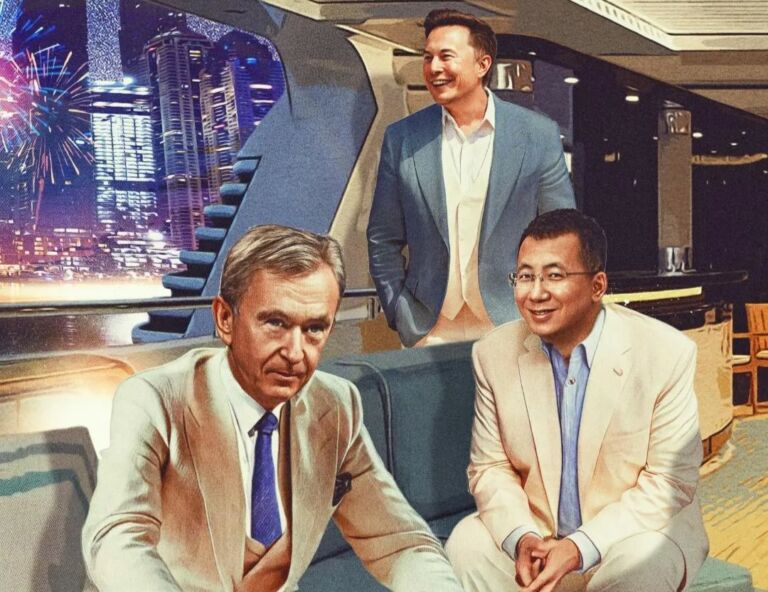 Bernard Arnault, Elon Musk, Zhang Yiming illustration by Neil Jamieson for Forbes