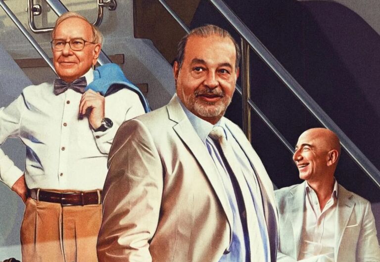 Warren Buffett, Carlos Slim Helu, Jeff Bezos illustration by Neil Jamieson for Forbes